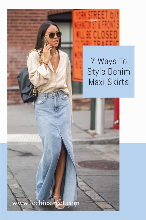 Styling Maxi Jean Skirt, Jeans Skirt Long Outfit, Jean Skirt Maxi Outfits, Denim Maxi Skirt Summer Outfit, Long Maxi Denim Skirt Outfit, Long Skirt Outfits For Summer 2023, Long Demin Skirt Outfits Winter, Long Jean Skirt Outfits 2023, Denim Long Skirt Outfit Summer