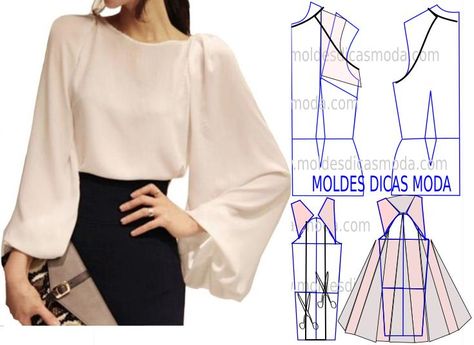 Analise com a devida atenção a transformação do molde de blusa manga raglan. Para fazer este modelo imprima o molde base de blusa e faça a gradação para o Pola Top, Pola Blus, Áo Blu, Projek Menjahit, Sewing Sleeves, Sewing Blouses, Make Your Own Clothes, Blouse Pattern Sewing, Clothes Sewing Patterns