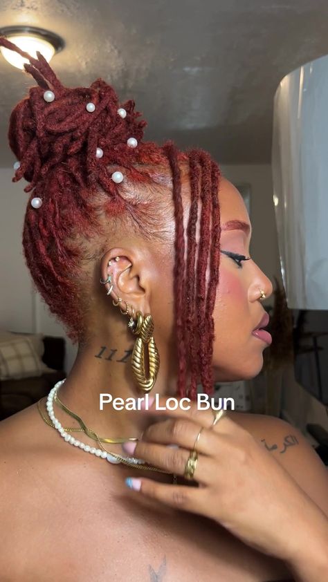 Loc Styles With Bobby Pins, Locs With Pearls, Locs Hairstyles Wedding, Formal Loc Styles, Wedding Loc Styles, Loc Buns, Lock Styles, Flower Bun, Hair Twist