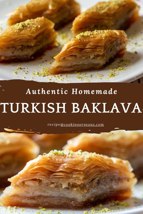 Homemade Middle Eastern dessert made with layers of filo pastries and walnut soaked in a syrup Baklava Syrup Recipe, Greek Food Gyros, Turkish Baklava Recipe, Turkish Recipes Desserts, Easy Fall Dinner Recipes, Turkish Baklava, Middle Eastern Desserts, Baklava Recipe, Strawberry Dessert Recipes