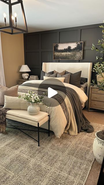 Kelly Bontrager on Instagram: "🍃Moody Bedroom Views…  Comment INFO TO SHOP to get the links to shop sent directly to your inbox.  I changed up my bedroom space and added this gorgeous new 100% linen upholstered bench. I love the x-shaped stretcher bar as it ties in perfectly with my nightstands. It’s super comfy and the perfect size for the end of my bed.  The 20x40 Moody Field of Lace framed canvas art from Brittany @currentlychic works beautifully in this space for summer. Love the dark accents and that warm Briarsmoke stained frame. Use my code FARMTOTABLE for 15% off.  Beautiful quilt & throw from @aandetextilehouse. Both are currently on sale.  Didn’t get the link? You can always shop this reel with the LTK link in my bio or on my @shop.ltk | https://liketk.it/4IpEe ✨✨✨✨✨✨✨✨✨✨✨✨ . . Myles Smith, Wayfair Bedroom, Bedroom Finds, Transitional Home Design, Pottery Barn Bedrooms, Velvet Dining Room Chairs, Wall Panel Molding, Moody Bedroom, Shabby Chic Living