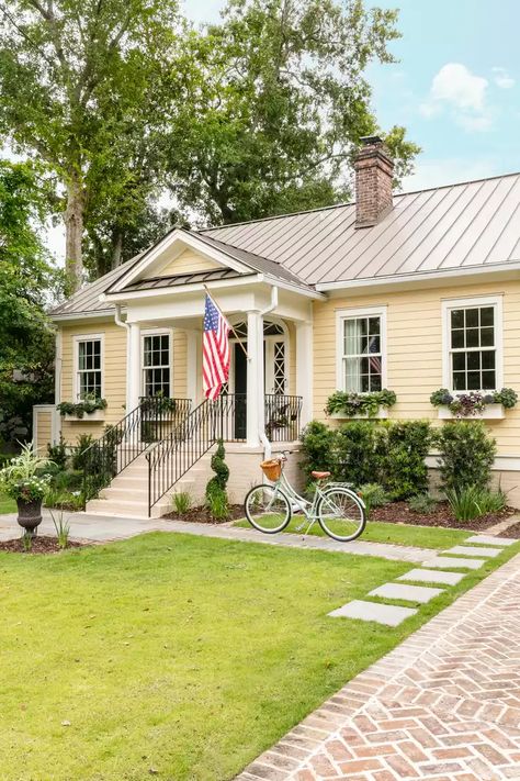 8 Butter Yellow Paint Colors Recommended by Designers Butter Yellow Paint, Yellow Exterior House, Yellow Exterior House Colors, Victorian Entryway, Yellow House Exterior, Serene Aesthetic, Yellow Exterior, Exterior House Renovation, Yellow Paint Colors