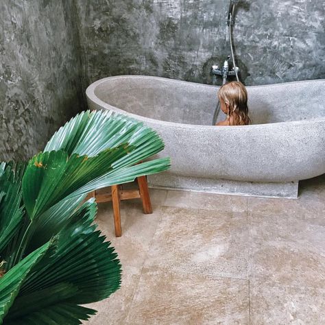 Cement Tub, Cement Bathtub, Bathroom Greenery, Greenery Bathroom, Stone Bathtub, Cement Walls, Standing Bath, Just Us, Minimalist Bathroom