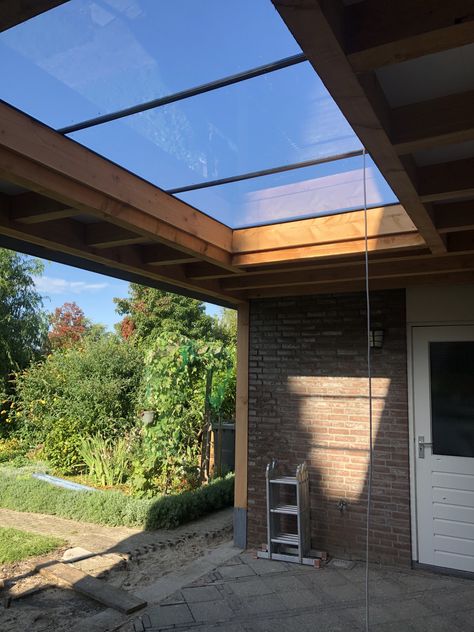 Extended Roof Over Patio, Overhang Roof Ideas, Roof Over Patio, Lean To Pergola With Roof, Sauna Building, Patio Roof Extension Ideas, Glass Patio, Screened In Deck, Carport Garage