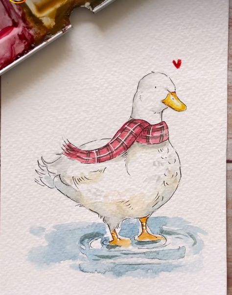 Watercolor Paintings Cartoon, Duck Drawing Sketches, Animal Painting Ideas, Goose Watercolor, Duck Sketch, Duck Watercolor, Watercolor Duck, Diy Watercolor Painting, Bullet Journal Art