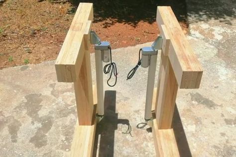 Standing Desk Diy, Diy Standing Desk Plans, Diy Standing Desk, Plywood Desk, Plywood Edge, Desk Diy, Brad Nailer, Craft Room Furniture, Linear Actuator