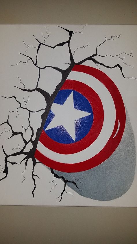 Cool Marvel Paintings, Captain America Shield Painting, Marvel Pop Art Painting, Marvel Wall Painting Ideas, Captain America Painting Easy, Avengers Acrylic Painting, Avengers Painting Ideas On Canvas, Marvel Wall Painting, Marvel Parking Spot Painting