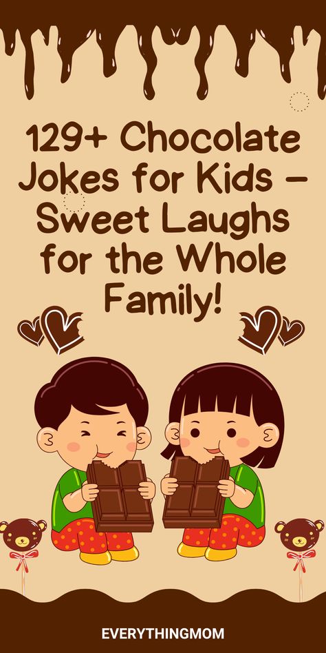 Add some sweetness to your day with 129+ chocolate jokes for kids! These family-friendly jokes are perfect for sharing laughs with your little ones or lightening up any gathering. From clever puns to hilarious one-liners, this collection is sure to keep everyone smiling. Click now and enjoy a dose of humor that’s as delightful as chocolate itself! Chocolate Jokes, Jokes For Teenagers, Jokes For Friends, Jokes For Kids Hilarious, Kid Friendly Jokes, Food Jokes, Kid Jokes, Toddler School, Tongue Twisters