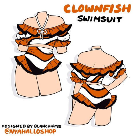 Would you wear this? 🧡 #clownfish #fish #marinelife #indiedesigner #originalartist #fashiondesigner #dopaminedressing #swimsuitseason Ych Clothes, Swimsuit Designs, Shark Swimsuit, Swimsuit Ideas, Art Style Challenge, Clothing Sketches, Dress Sets, Clothing Design Sketches, Drawing Anime Clothes