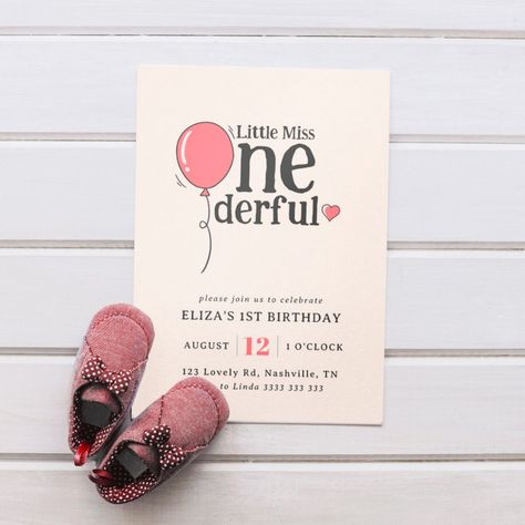 Cute Miss Onederful Pink Balloon 1st Birthday Invitation Miss Onederful Birthday Girl, Miss Onederful, Miss Girl, 2nd Birthday Invitations, 1st Birthday Invitation, Party Stationery, Birthday Party Celebration, Pink Balloons