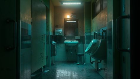 Pit Stop, Silvia Mingolla on ArtStation at https://www.artstation.com/artwork/9m3WPo Abandoned Bathroom Aesthetic, Toilet Photography, Dark Bathroom Aesthetic, Bathroom Scene, Dark Bathroom, Dark Bathrooms, Cinematic Lighting, Subway Train, Cinema Photography