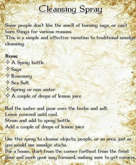 #cleansing #spray #diy #witch #celtic #pagan #wicca #rosemary #sage #moonwater #salt Smudging Prayer, House Cleansing, Cleansing Spray, Pagan Crafts, Magick Spells, Wiccan Spell Book, Witchcraft Spell Books, Witch Spell Book, Spiritual Cleansing