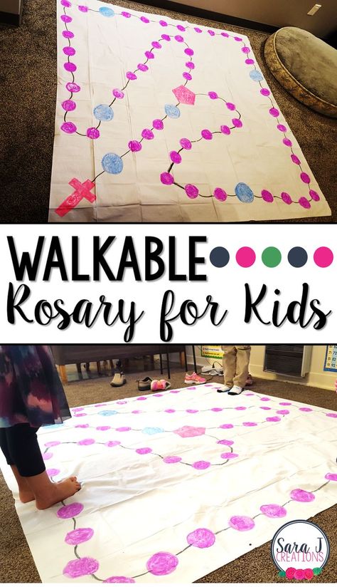 DIY Walkable Rosary for Children to help kids learn to pray Rosary For Kids, Catholic Kids Crafts, Learn To Pray, Catholic Kids Activities, Catholic Schools Week, Catholic Homeschool, Catholic Education, Catholic Crafts, Giant Games