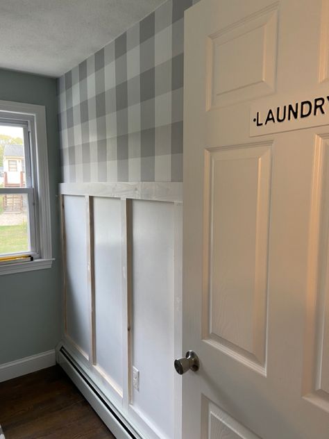 Laundry room makeover with plaid wallpaper and board and batten Buffalo Plaid Wallpaper Bathroom, Painted Board And Batten With Wallpaper, Wallpaper Background Laundry Room, Plaid Wallpaper Laundry Room, Board And Barton With Wallpaper, Laundry Room With Wainscoting, Plaid Wallpaper Bathroom, Wallpaper And Board And Batten, Waynes Coating Ideas