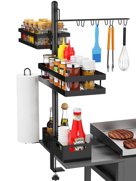 PRICES MAY VARY. 【High capacity】blackstone grill accessories have three different sizes of BBQ caddy and eight hooks, enough for you to hold a variety of condiments and grilling tools. The height of the Blackstone accessories caddy allows you to reduce bending over and reach items easily. 【Windproof Paper Towel Holder】The blackstone griddle accessories feature a vertical paper towel holder, no need to worry about the paper towel being loosened by the wind, mounted on the side of the grill cart b Blackstone Grill Accessories, Diy Grill Station Cheap, Blackstone Accessories, Grill Caddy, Bbq Grill Diy, Bbq Caddy, Vertical Paper Towel Holder, Griddle Accessories, Grilling Accessories