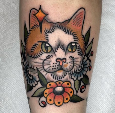 Cat Face Tattoos, Cat Portrait Tattoos, Traditional Hand Tattoo, Pop Art Tattoos, Bright Tattoos, Framed Tattoo, Vegan Tattoo, Bone Tattoos, Cat Tattoo Designs