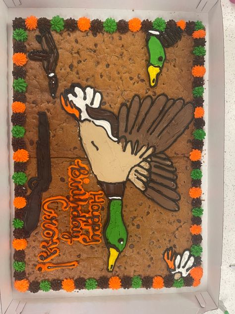 #cookiecake #cakedesign #duck Duck Hunting Cakes For Men, Mallard Birthday Cake, Camo Cookie Cake, Taco Cookie Cake, Duck Hunter Cake, Duck Hunting Themed Birthday Party, Duck Hunting Birthday Cake, Duck Hunting Cookies, One Lucky Duck Birthday Cake