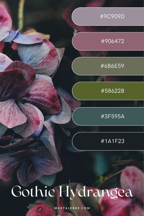 9 Dark Academia Color Palettes for a Timeless Brand - Marta Lebre Dark And Moody Wedding Color Palette, Muted Vintage Color Palette, Library Color Palette, Hydrangea Color Palette, Academia Color Palette, Dark Green Color Palette, Dark Academia Color Palette, Charcoal Color Palette, Dark Academia Color