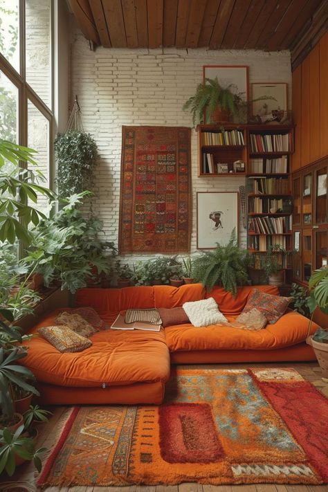 Cosy Sofa Ideas, Artist House Interior, Palermo House, Hippie Interior Design, Zen Rooms, 1970s Interior Design, Orange Sofa, Retro Interior Design, Colourful Living Room