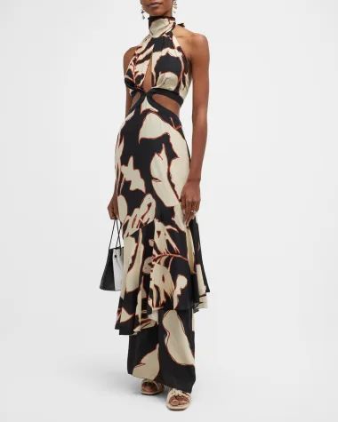 B7ZP5 Johanna Ortiz Pasado Tumultuoso Cutout Turtleneck-Halter Maxi Dress Vacation Wear For Women, Johanna Ortiz Dresses, Vacation Maxi Dress, Luxury Resort Wear, High Neck Maxi Dress, Resort Wear For Women, Leaves Print, Vacation Wear, Johanna Ortiz