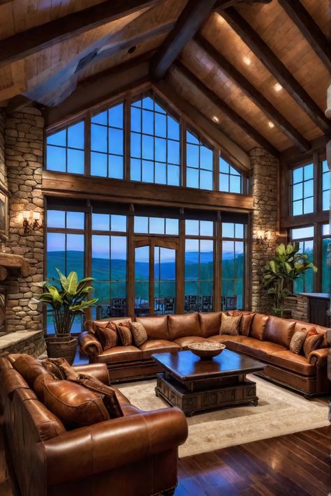 Rustic living room with fireplace wood beams and leather furniture Log Home Great Room, Log Cabin Living Room Ideas Rustic, Indoor Wood Fireplace, Lake House Family Room Ideas, Living Room With Front Door Entry And Fireplace, Log Design Ideas Woods, Mountain Home Fireplace, Rustic Living Room With Fireplace, Log Cabin Living Room