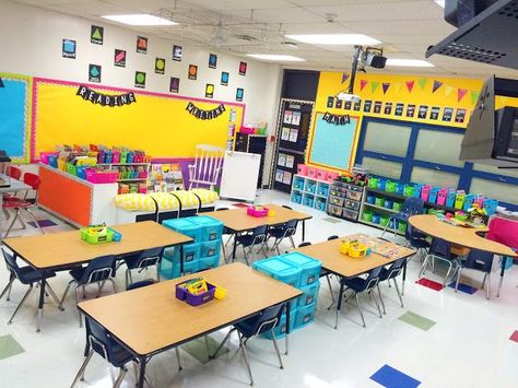 Classroom Organization Ideas from First Grade Made Long Classroom Layout, Classroom Storage With Tables, Storage For Tables In Classroom, Classroom Table Organization Storage, Student Storage For Tables, Classroom Set Up With Tables, Classroom With Tables Instead Of Desks, Classroom Table Setup, Classroom Library Ideas Kindergarten