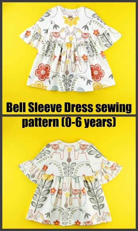 Bell Sleeve Dress sewing pattern (0-6 years). The bell sleeve dress and shirt pattern is a great place to start for those who are new to sewing. With this easy pdf sewing pattern, you can learn about gathering knits, finishing with knit bands, and setting in sleeves. You can choose to sew it as a dress or a top and you can choose a short sleeve or a bell sleeve. #SewModernKids Baby Girl Dress Pattern Sewing, Free Baby Clothes Patterns, Baby Girl Dress Pattern, Girls Sewing Patterns Free, Toddler Sewing Patterns, Baby Clothes Patterns Sewing, Shirt Sewing, Sewing Baby Clothes, Sewing Kids Clothes