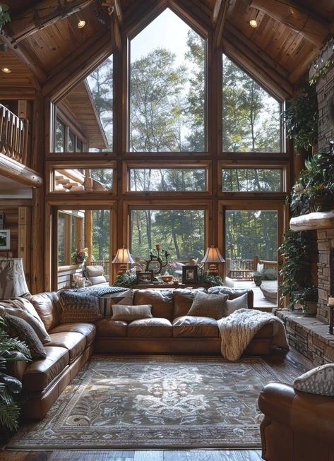 Balcony Overlooking Living Room, Cottage With Big Windows, Cabin With Big Windows, Huge Windows Living Room, Large Windows Living Room, Big Windows Living Room, Cottage Room, Cabin Living Room, Ranch House Exterior