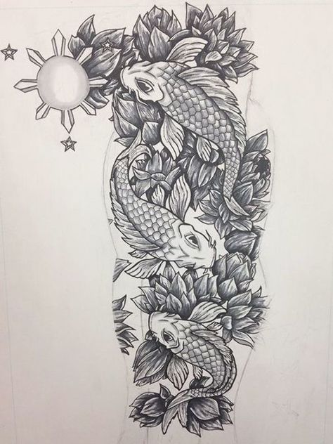 A buddy of mine asked me to draw him a sleeve tattoo he wants to get. Three Koi fish with lotus flowers in the backgrounds, and the elements of the Filipino flag incorporated on the chest. I love tattoo art so this was a blast for me! Koi Fish With Lotus, A Sleeve Tattoo, Dragon Tattoo Arm, Koi Tattoo Sleeve, Pisces Tattoo Designs, Filipino Flag, Koi Tattoo Design, Filipino Tattoos, Geometric Tattoo Arm