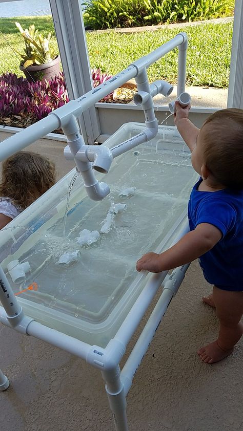 Homemade water table out of pvc Pvc Pipe Water Table, Homemade Water Table, Pvc Water Table, Water Table Diy, Diy Water Table, Kids Water Table, Water Play For Kids, Water Table Activities, Kids Backyard Playground