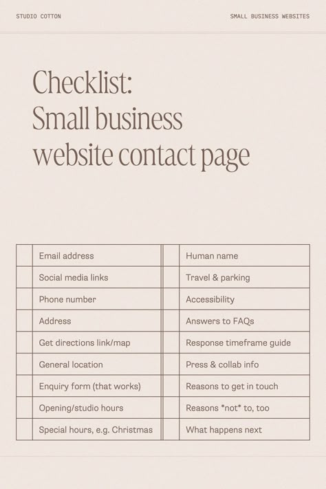 Here's a website contact page checklist from our small business website design company. We share tonnes of advice on designing every page of your small business over on the Studio Cotton small business blog, or make sure to follow @studio.cotton for a whole heap of free website advice. Small Business Website Checklist, Website Design Brief, Website Design Checklist, Making A Website For Small Business, Creating A Website For Your Business, Making A Website, How To Make A Website For Small Business, Small Business Website Design Ideas, Small Beauty Business