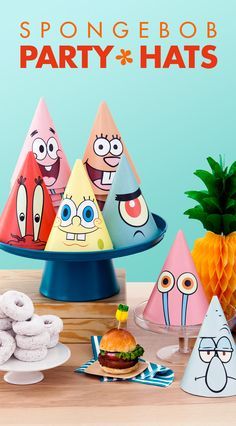 These free printable party hats feature SpongeBob, Patrick, and other Bikini Bottom dwellers!  SpongeBob, Patrick, Sandy, Mr. Krabs, Plankton, Gary, and Squidward will all be sitting pretty on your guests’ heads. Let kids choose to wear their favorite Bikini-Bottom-ite while settling down to krabby patties and cake! Spongebob Crafts, Spongebob Squarepants Party, Spongebob Birthday Party Decorations, Spongebob Birthday Cake, Spongebob Birthday Party, 25th Birthday Parties, Spongebob Party, Spongebob Birthday, Party Printables Free