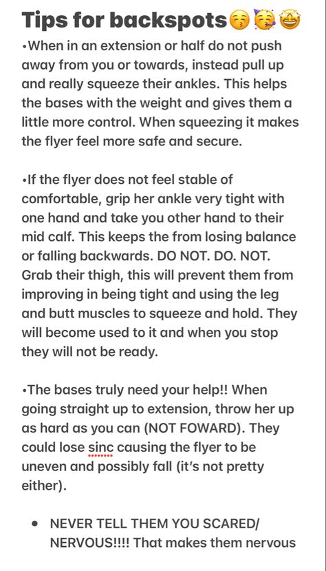 For all you new back spots that are confused🙂 Cheer Competition Bag Checklist, Tips For Backspots, Back Spot Cheer Workouts, Cheer Backspot Tips, Back Spot Tips Cheer, Backspot Workouts Cheer, Backspot Tips Cheerleading, Cheer Backspot, Backspot Cheer