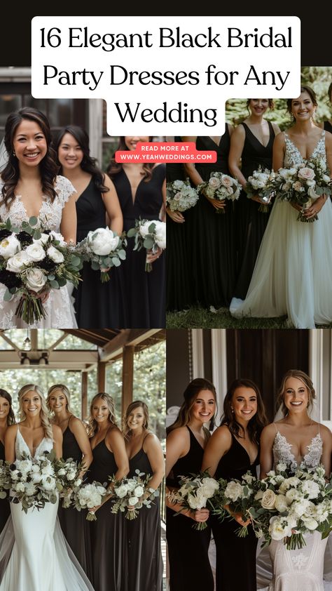 A stunning bride stands with her bridal party, all dressed in elegant black dresses, showcasing a timeless and chic style perfect for any wedding. All Black Bridal Party, Bridal Party Looks, Black Wedding Party, Black Bridal Party, Mumu Wedding, Wear Black Dresses, Black Bridesmaid, Gown Suit, Black Bridesmaids