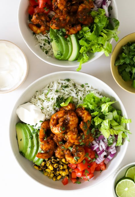 Shrimp Tex Mex Bowl, California Bowl Recipe, Cajun Shrimp Rice Bowl, Shrimp Recipes Bowl, Tropical Bowl Recipe, Chipotle Lime Shrimp Bowls, Rice Bowls With Shrimp, Different Types Of Rice Bowls, Chipotle Shrimp Rice Bowl