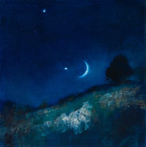 Oil Paintings - Bridget Macdonald Venus Jupiter, The Night Sky, Crescent Moon, Night Sky, Crescent, Oil Painting, Moon, Blue