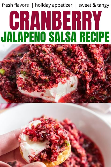 This cranberry salsa is made with a few simple ingredients and offers sweet and savory flavors in each bite. This jalapeno cranberry salsa is great served with cream cheese as a cream cheese and salsa dip! A must make this holiday season. Jalapeno Cranberry Salsa, Cranberry Salsa Recipes Cilantro, Cranberry Jalapeno Salsa Recipes, Jalapeño Cranberry Salsa, Pomegranate Salsa Recipes, Cranberry Jalapeño Salsa, Cranberry Salsa Over Cream Cheese, Jalapeno Cranberry Cream Cheese Dip, Cranberry Jalapeno Salsa