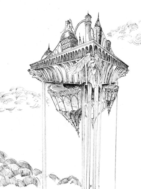 Ski  temple Floating Building Art, Floating City Drawing, Floating Castle Drawing, Floating Fortress, Camp Zero, Floating Temple, Comic Elements, Class Sketch, Cities Drawing