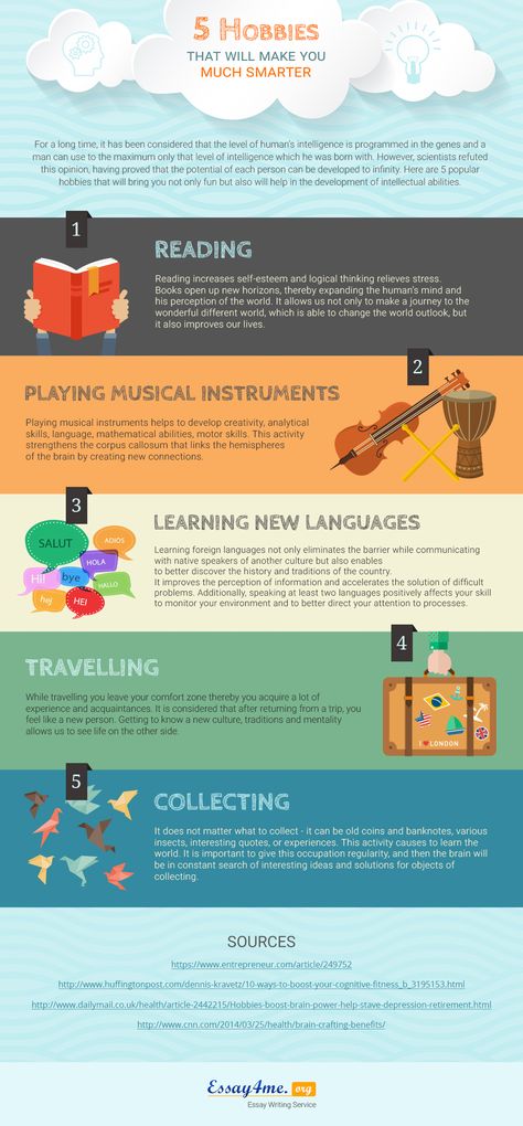 5 Hobbies That Will Make You Much Smarter Infographic - http://elearninginfographics.com/5-hobbies-will-make-much-smarter-infographic/ Interests And Hobbies List, Hobbies List, 5 Hobbies, Best Hobbies For Men, Hobbies To Take Up, Millionaire Mindset Quotes, Popular Hobbies, Hobbies For Kids, Hobbies For Men