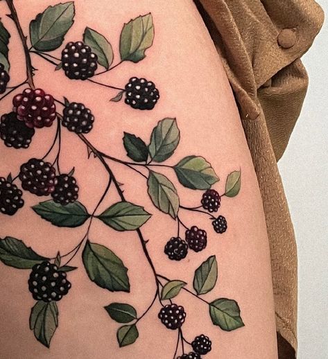 Tattoo artist Vanessa Core | Milano, Italy | iNKPPL Blackberry Tattoo Color, Raspberry Reference, Berry Tattoos, Ella Tattoo, Vanessa Core, Raspberry Tattoo, Blackberry Tattoo, Feminine Shoulder Tattoos, Tattooed Lady