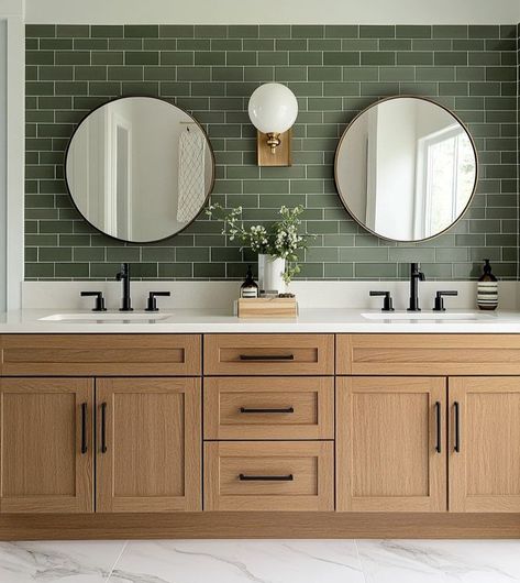 Green Bathroom Natural Wood, Green Tile Behind Vanity, Green Tile And Wood Bathroom, Green Tile Master Bath, Olive Green Bathroom Vanity, Dark Green Tile Bathroom, Bathroom With Green Tile, Green And Wood Bathroom, Forest Green Bathroom