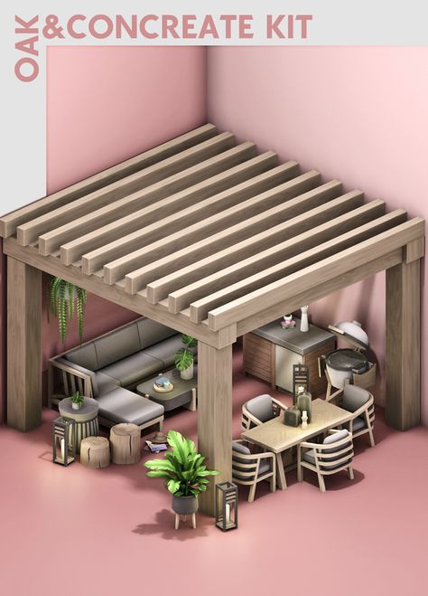 Oak&Concrete Patio Kit! | S-imagination on Patreon Sims 4 Cc Outdoor Kitchen, Sims 4 Ikea Cc, Sims 4 Pack, The Sims 4 Pack, Patio Kits, Cc Packs, Furniture Cc, Die Sims 4, Mod Furniture