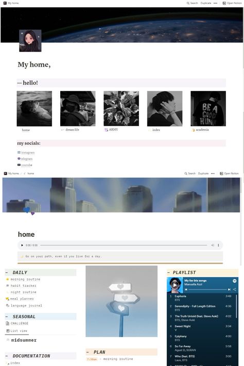 Bts notion template free college armys students Notion Template Ideas For Students Kpop, Notion Manga Template, Notion Music Template, Ghibli Notion Template, Manga Tracker Notion, Meal Prep Planner, Wellness Tracker, Habit Tracking, Media Planner