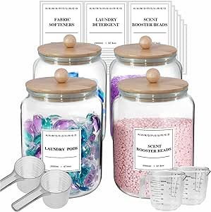 TAAMOG 4 Pack Glass Jars For Laundry Room Organization And Storage, Glass Containers with Lids, Include 18 Pre-Printed Labels, Bamboo Lids, Half Gallon, 2 Measuring Cup, 2 Spoon, Airtight Seal Laundry Room Container Ideas, Boho Laundry, Glass Containers With Lids, Laundry Makeover, Gallon Glass Jars, Dishwasher Pods, Gallon Jars, Detergent Laundry, Laundry Pods