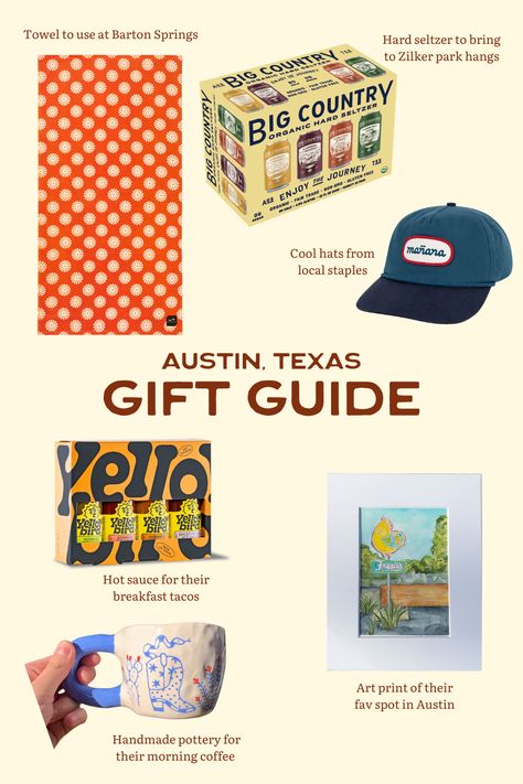 Austin, Texas Gift Guide with images of a towel, Big Country Organic Hard Seltzer, a mug, an art print, a hat and Yellowbird Hot Sauce. Texas Gifts, For Him Gifts, Him Gifts, Gift Guides, Austin Texas, Gift Guide, The Spirit, Gifts For Him, Austin