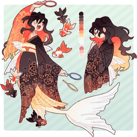 Koi Fish Outfit Design, Mermaid Outfit Design, Goldfish Character Design, Koi Character Design, Vtuber Art Style, Catgirl Character Design, Manta Ray Character Design, Koi Fish Character Design, Fish Person Character Design