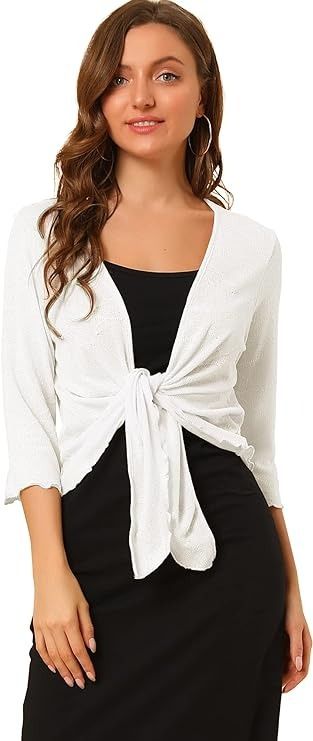 Allegra K Women's Open Front Knit Cardigan Tied 3/4 Sleeve Bolero Shrug Small White at Amazon Women’s Clothing store Front Tie Cardigan Outfit, Sleeve Bolero, Cropped Shrug, Sleeve Shrug, Bolero Shrug, Cardigan White, Shrug Cardigan, Casual Cardigans, Womens Tie