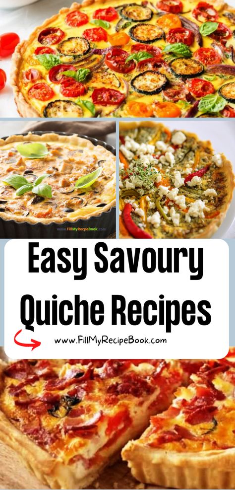 Easy Savoury Quiche Recipes ideas to bake with the least of effort. Crustless or pastry base with meats, vegetables fillings, a healthy meal. Quiche Dinner Recipes, Shortcrust Pastry Ideas Savoury, Short Crust Pastry Recipes Savoury, Christmas Quiche Recipes, Quiche Filling Ideas, Quiche With Premade Pie Crust, Quiche Flavors, Savoury Tart Recipes, Savoury Quiche