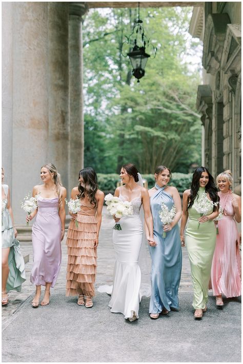 Bridesmaids Dresses Pastel Colours, Colourful Bridesmaid Dresses Different, Multicolored Pastel Bridesmaids Dresses, Colourful Mismatched Bridesmaids, Colorful Satin Bridesmaid Dresses, Bridesmaid Styling, Multi Bridesmaid Dresses, Uncommon Bridesmaid Dresses, Mixed Satin Bridesmaid Dresses