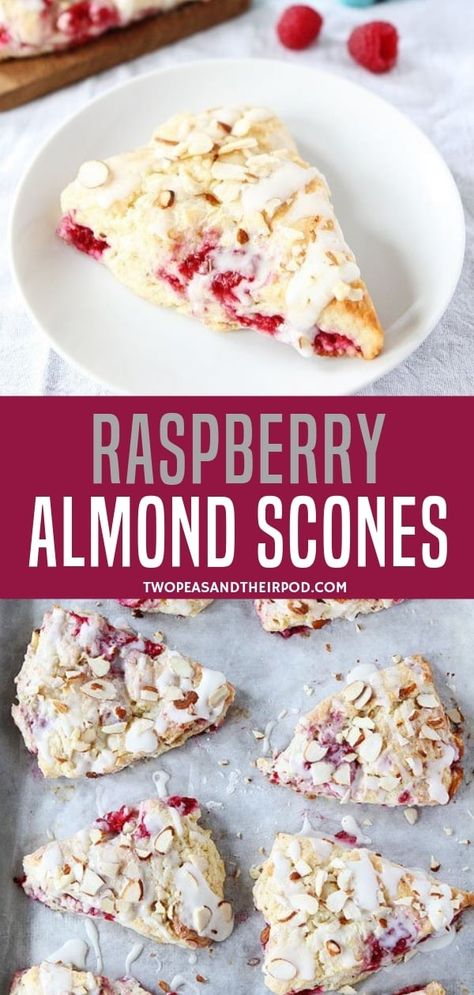 Raspberry Almond Scones is a sweet treat for breakfast or any time of the day! Bursting with raspberries, this special scones let you taste the goodness of sweet almond glaze. Put some extra almond slices for decorations and you have a masterpiece! Raspberry Scone, Almond Scones, Buttermilk Scones, Breakfast Scones, Raspberry Scones, Pane Dolce, Raspberry Almond, Raspberry Recipes, Coffee Cakes